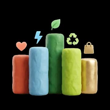 coloured pillars representing five sustainable investment themes: clean energy, circular economy, health, inclusion, and indigenous enterprise