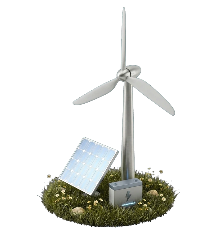 a wind turbine and a solar panel on a patch of grass