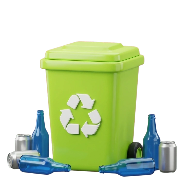 a lime recycling bin with bottles and cans
